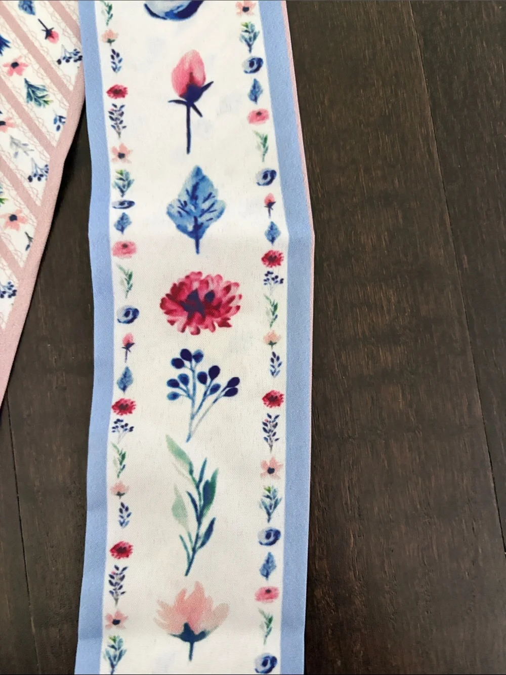 NWOT Floral Silk Twilly Scarf 35”x2.36” Blue & Pink Skinny Hair or Purse Ribbon